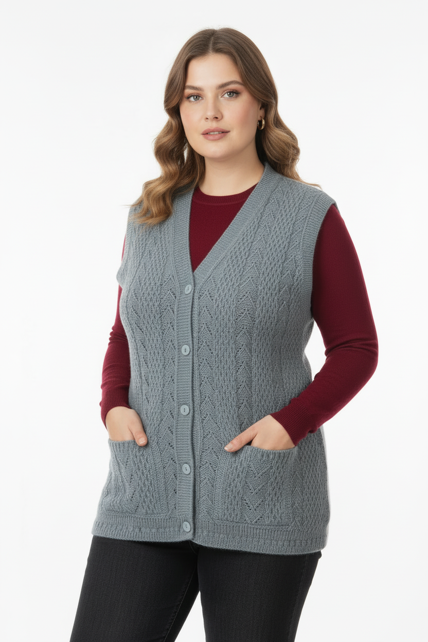 Büyük Beden Örgü Yelek Gri - Çapraz Ön Görünüm