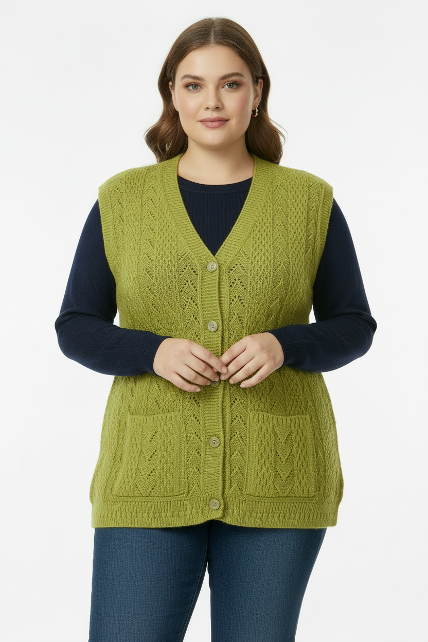 Büyük Beden Örgü Yelek Yağ Yeşili - Ön Görünüm Eller Önde