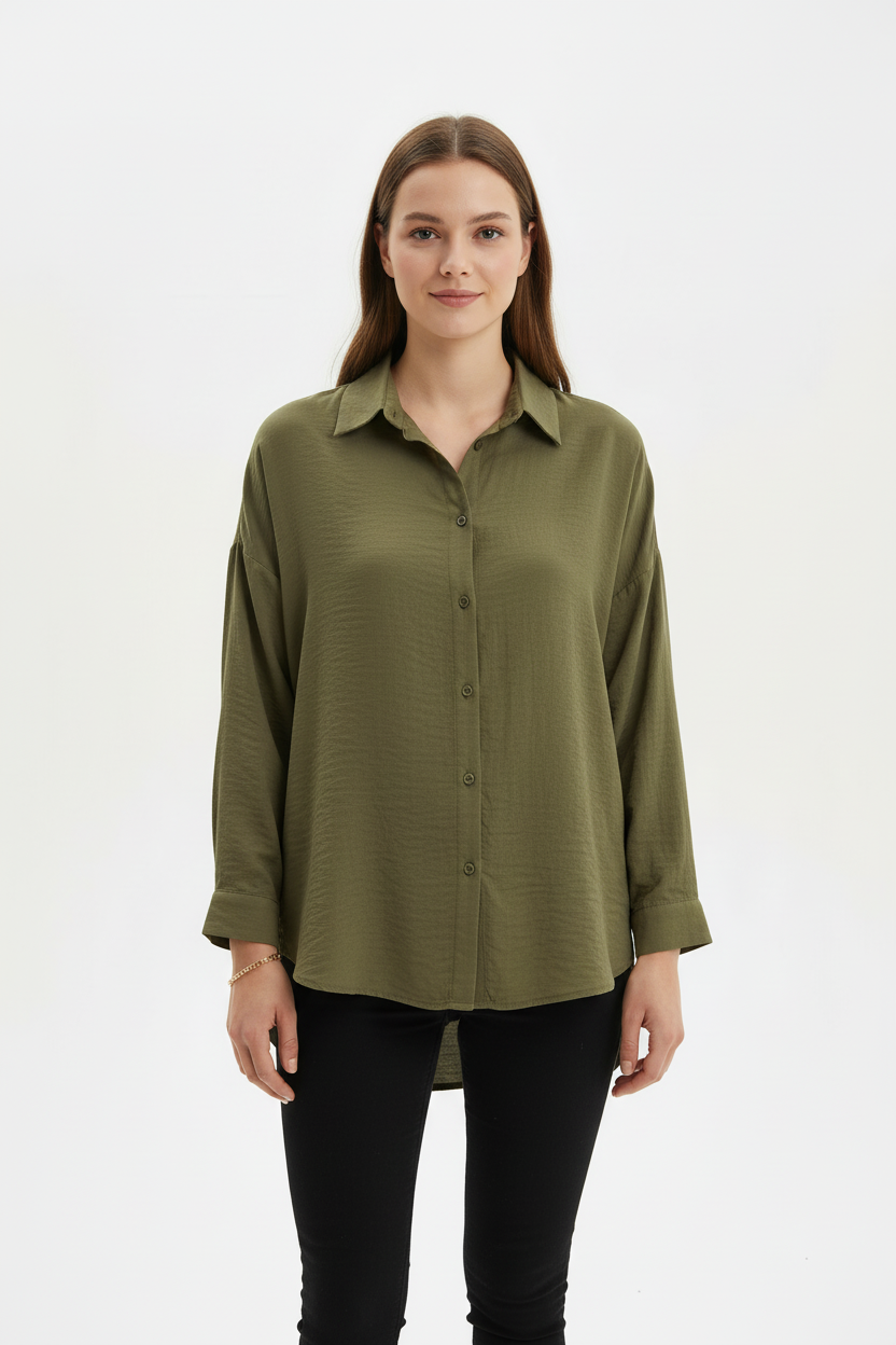 Kadın Düğmeli Oversize Gömlek Haki - ön görünüm