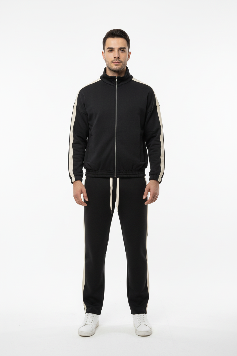 Erkek Yanları Şeritli Eşofman Siyah - Tam Boy Ön Görünüm