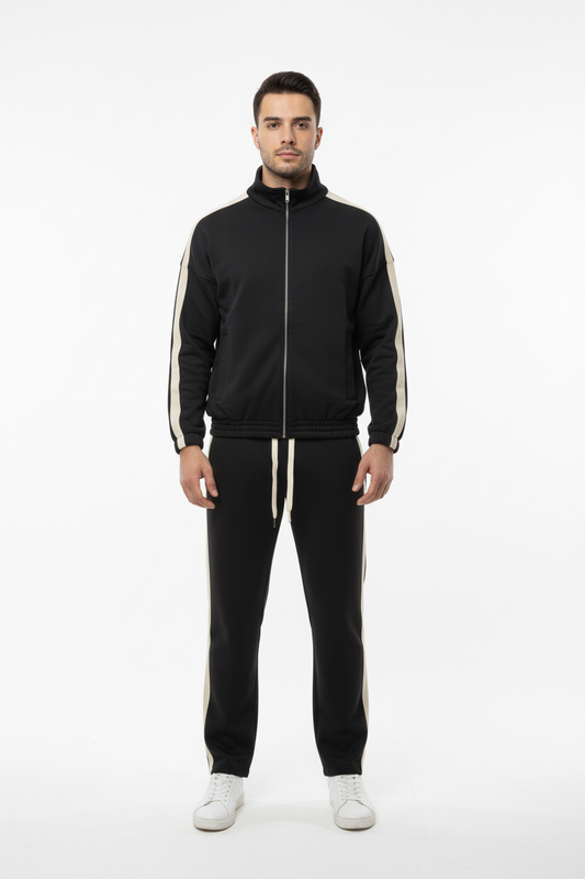 Erkek Yanları Şeritli Eşofman Siyah - Tam Boy Ön Görünüm