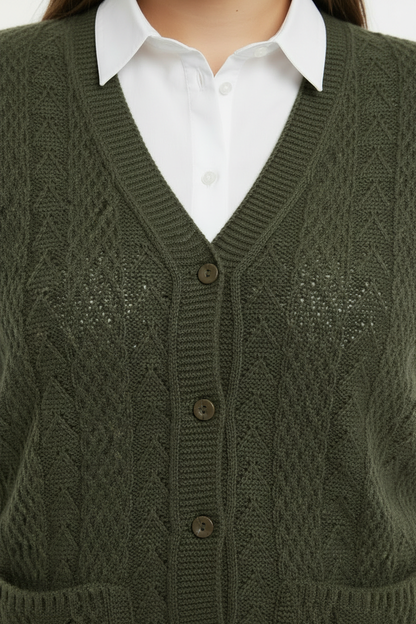 Büyük Beden Örgü Yelek Haki - Detay Çekim