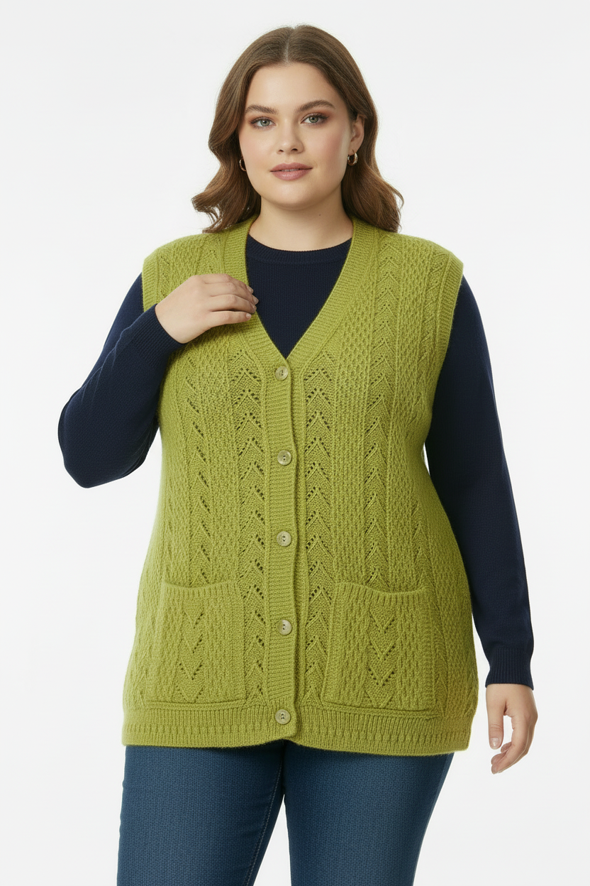 Büyük Beden Örgü Yelek Yağ Yeşili - Yelek Düzeltme Pozu