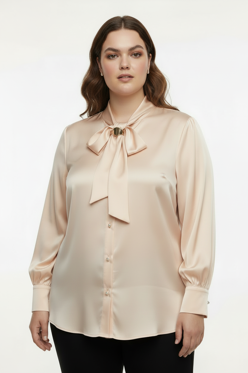 Fularlı Bej Gömlek - Ön Açı