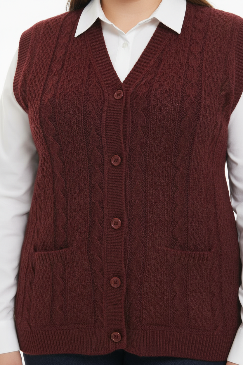 Büyük Beden Örgü Yelek Bordo - Detay Çekim