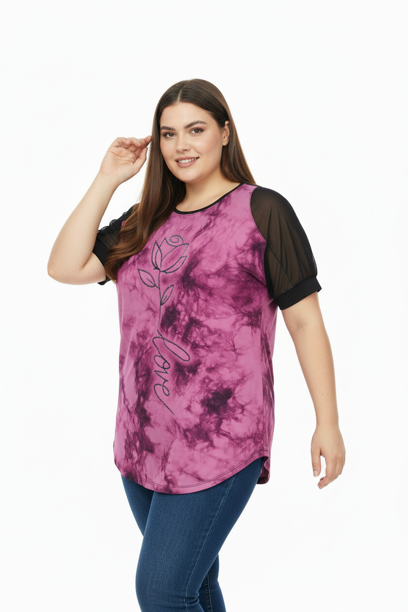 Büyük Beden Desenli Tül Kol Tunik Pembe - doğal poz