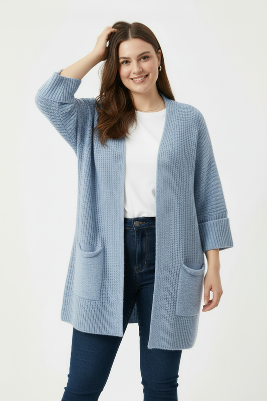 Büyük Beden Cepli Hırka Mavi - casual poz