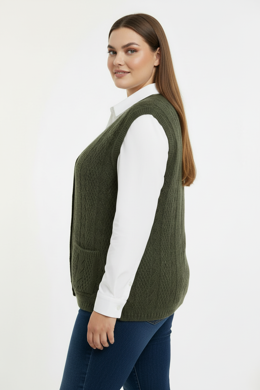 Büyük Beden Örgü Yelek Haki - Yan Görünüm