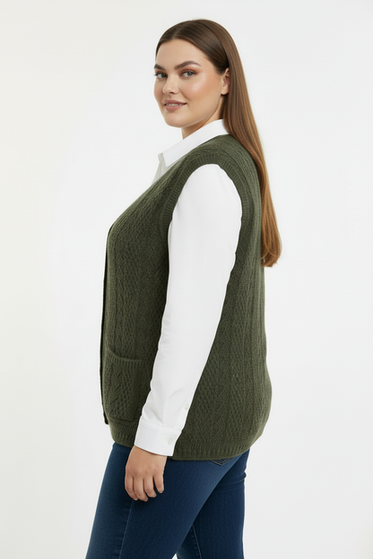 Büyük Beden Örgü Yelek Haki - Yan Görünüm