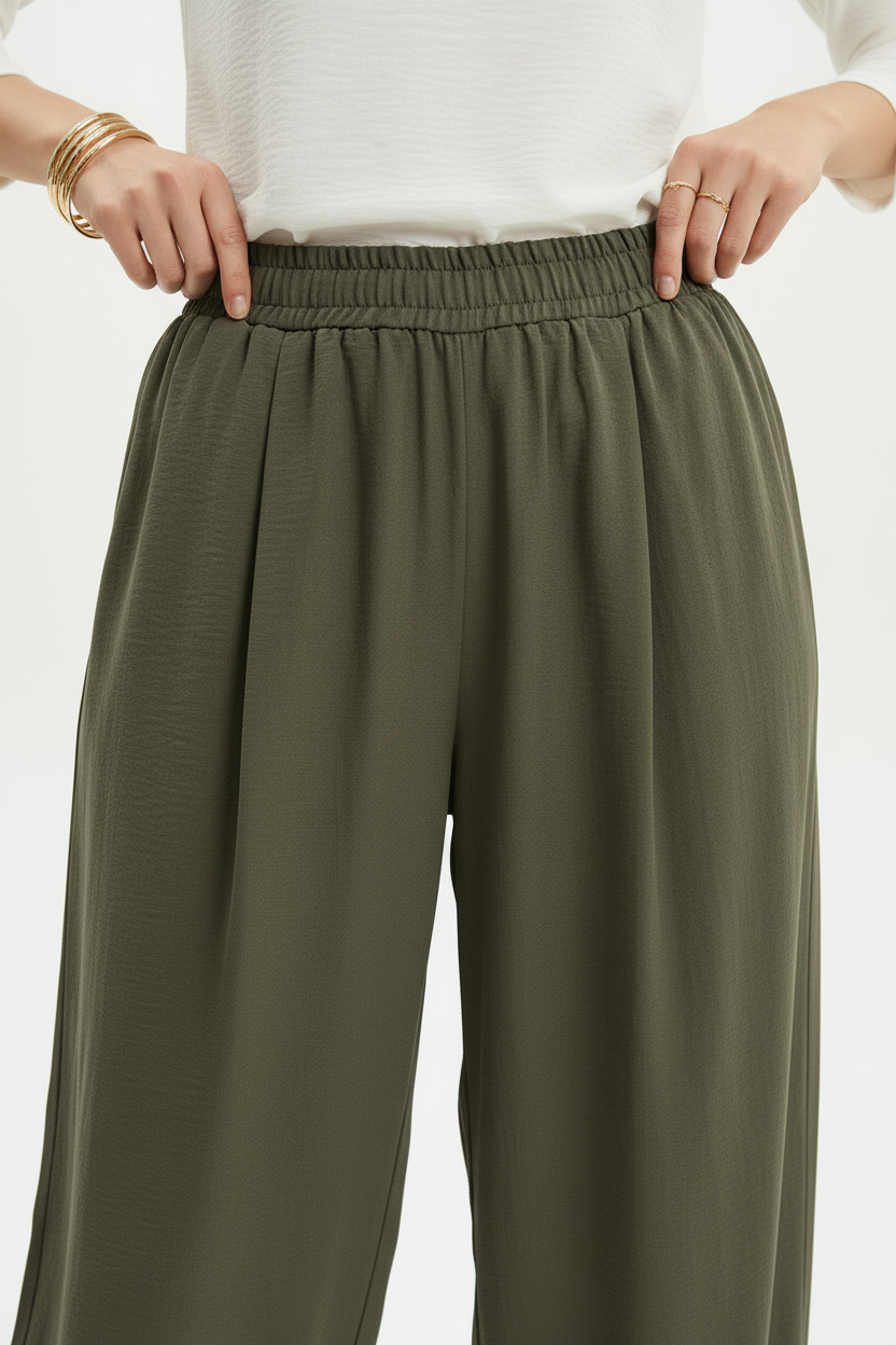 Kadın Bel Lastik Paça Pileli Pantolon Haki - bel detayı