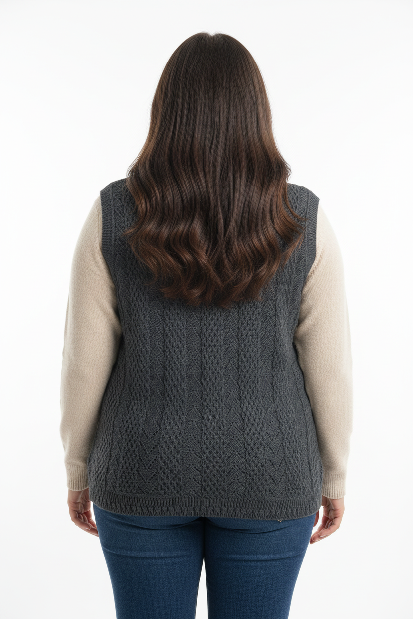 Büyük Beden Örgü Yelek Füme - Arka Görünüm