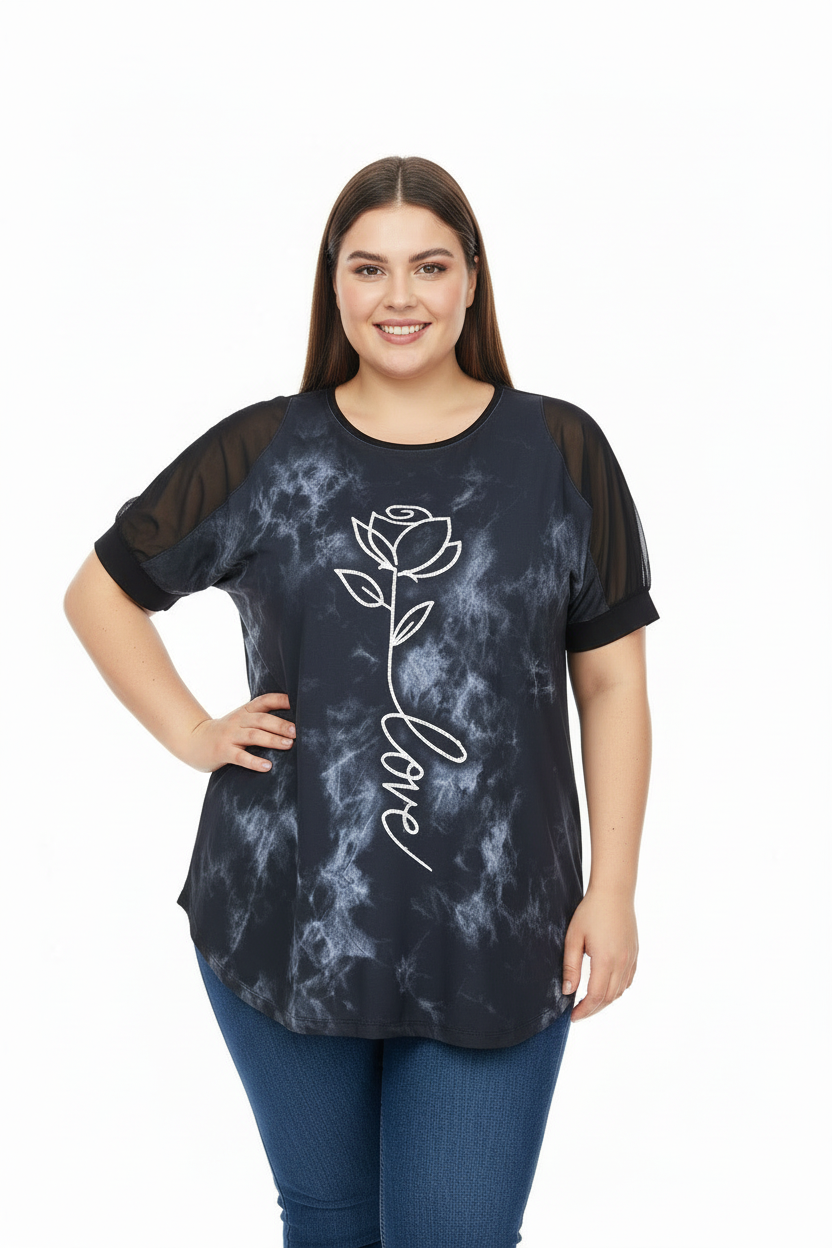 Büyük Beden Desenli Tül Kol Tunik Siyah - bel pozu