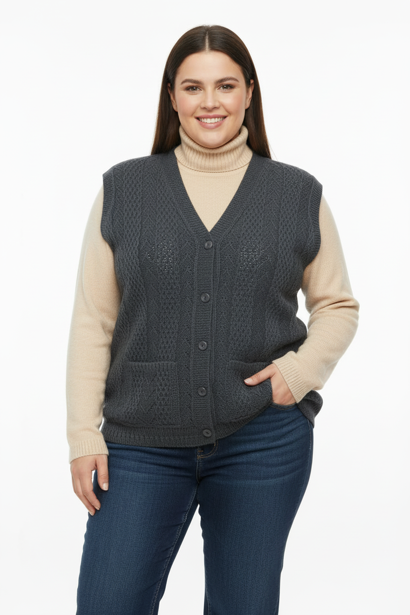 Büyük Beden Örgü Yelek Füme - Ön Görünüm