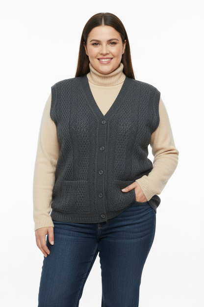 Büyük Beden Örgü Yelek Füme - Ön Görünüm