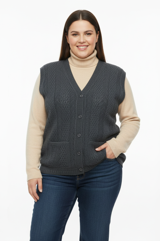 Büyük Beden Örgü Yelek Füme - Ön Görünüm