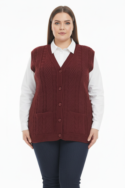 Büyük Beden Örgü Yelek Bordo - Ön Görünüm