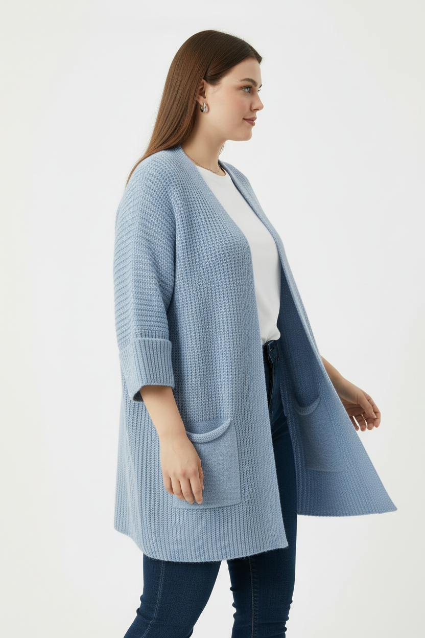 Büyük Beden Cepli Hırka Mavi - yan profil