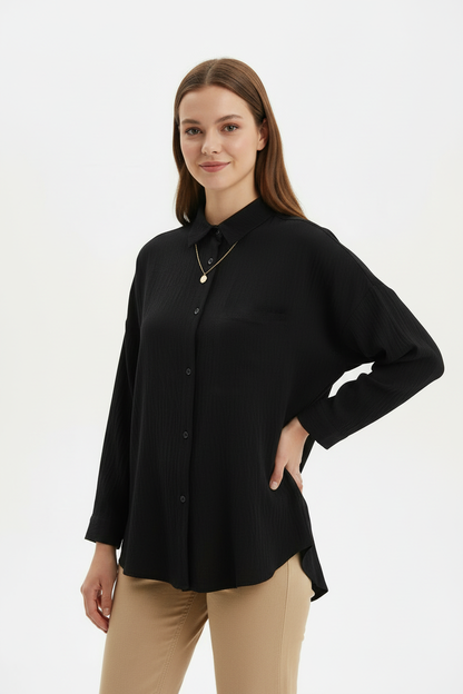 Kadın Düğmeli Oversize Gömlek Siyah - yan açı