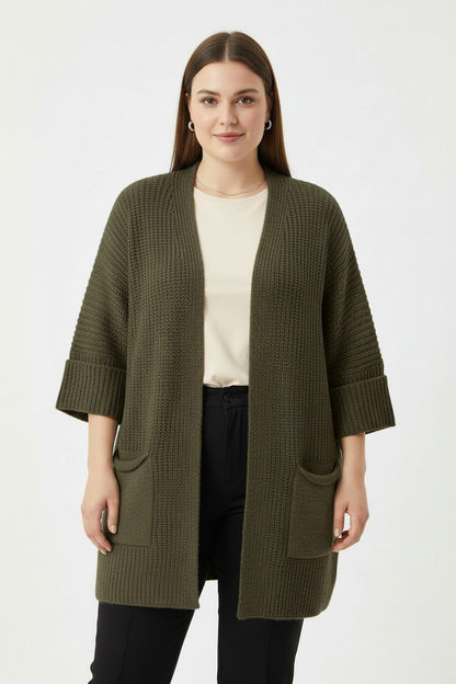 Büyük Beden Cepli Hırka Haki - ön görünüm