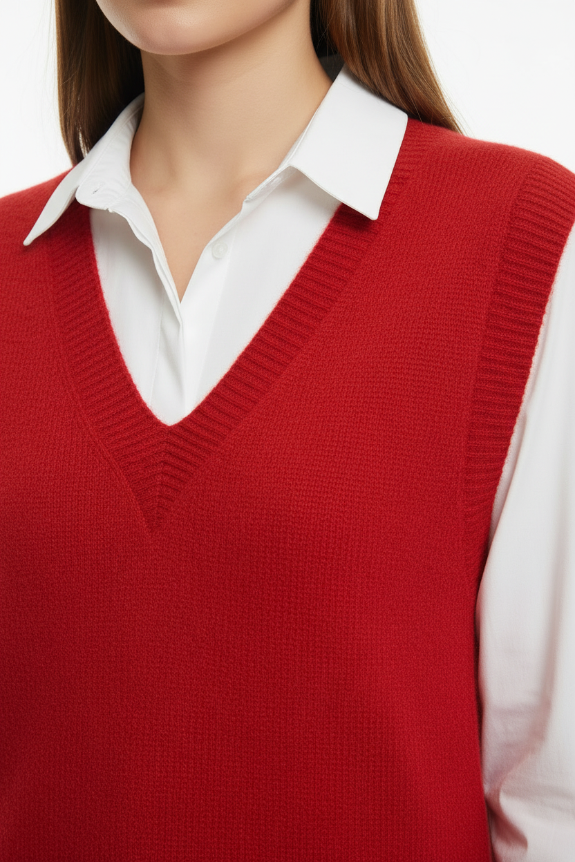 Kırmızı V Yaka Triko Süveter Detay Çekim