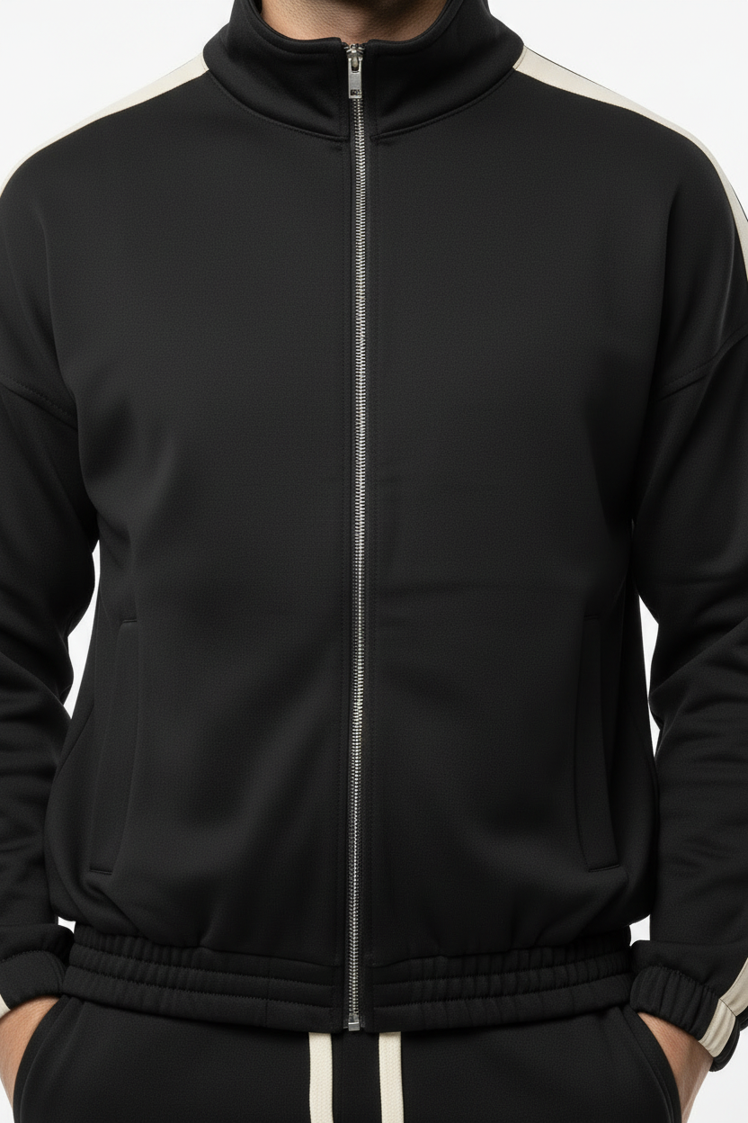 Erkek Kolları Şeritli Ceket Siyah - Yakın Detay