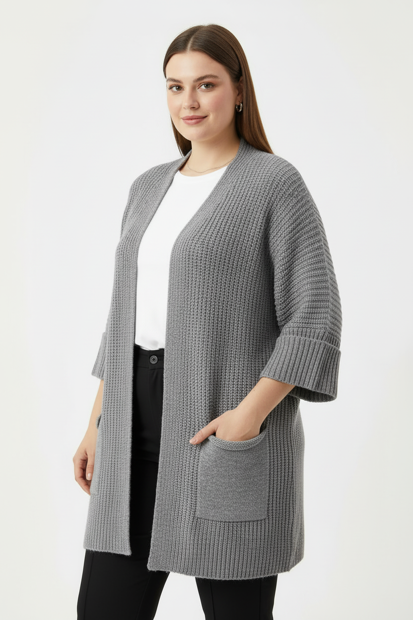 Büyük Beden Cepli Hırka Gri - yan açı