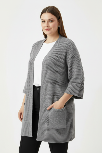 Büyük Beden Cepli Hırka Gri - yan açı