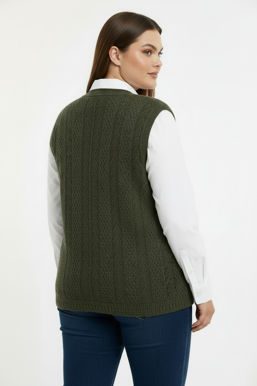 Büyük Beden Örgü Yelek Haki - Çapraz Arka Görünüm