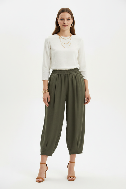 Kadın Bel Lastik Paça Pileli Pantolon Haki - ön görünüm