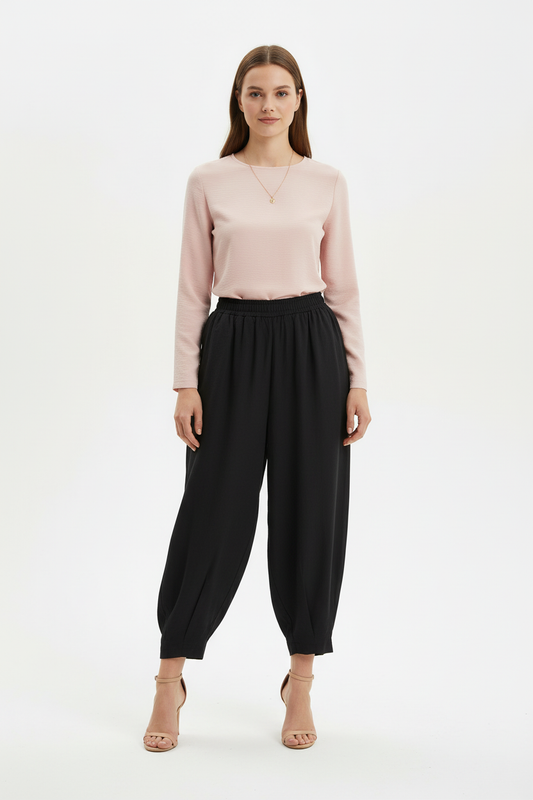 Kadın Bel Lastik Paça Pileli Pantolon Siyah - ön görünüm