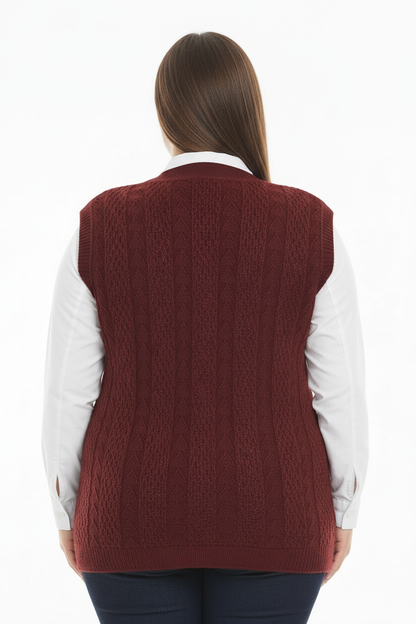 Büyük Beden Örgü Yelek Bordo - Arka Görünüm