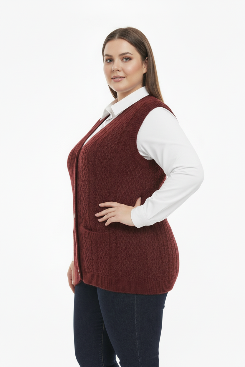 Büyük Beden Örgü Yelek Bordo - Yan Profil