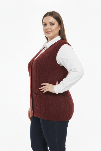 Büyük Beden Örgü Yelek Bordo - Yan Profil