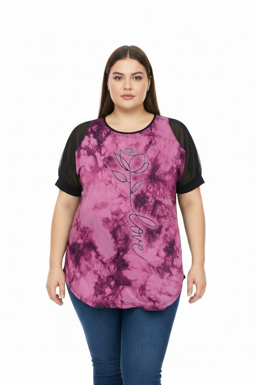 Büyük Beden Desenli Tül Kol Tunik Pembe - ön görünüm