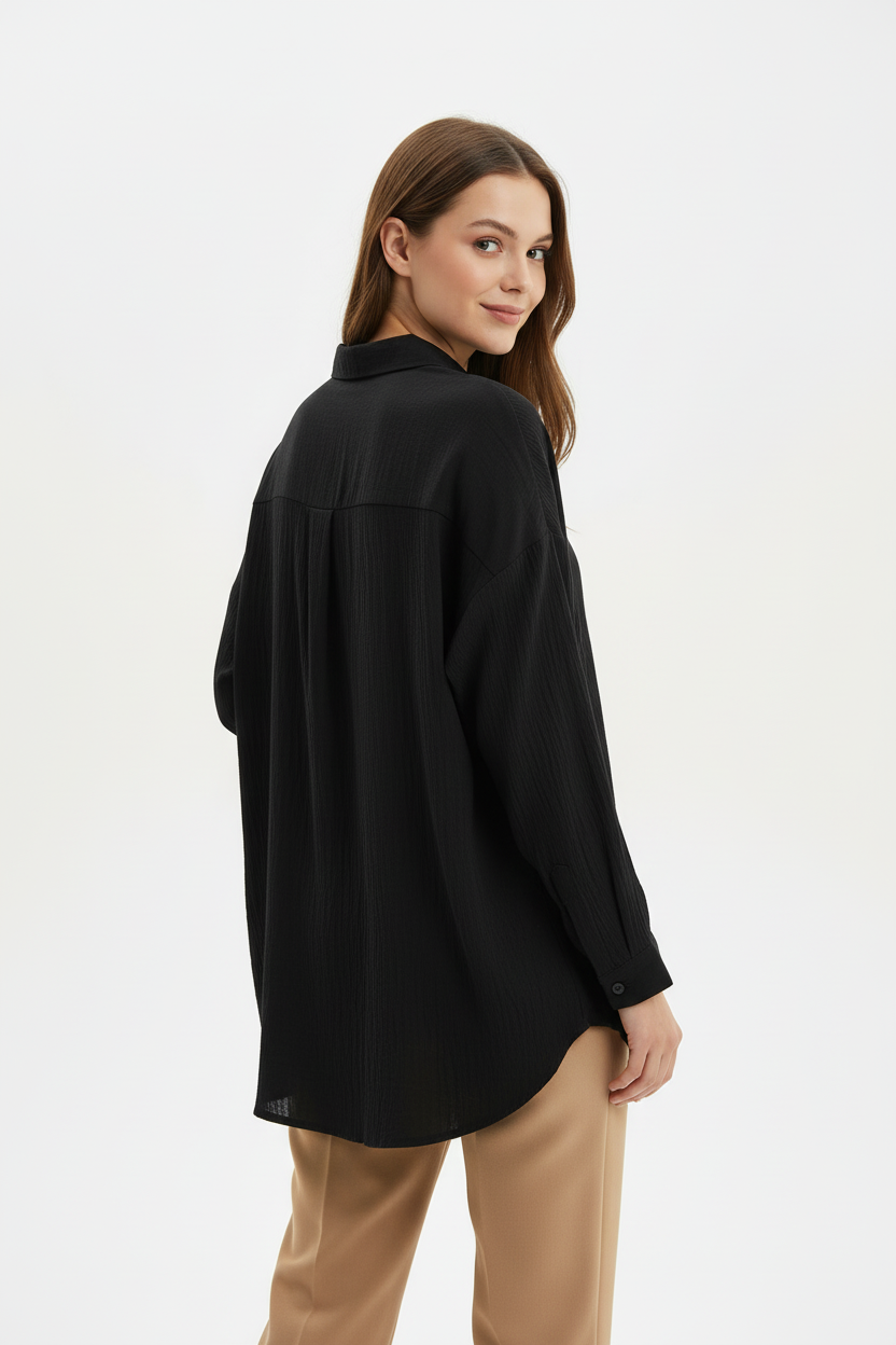 Kadın Düğmeli Oversize Gömlek Siyah - arka görünüm