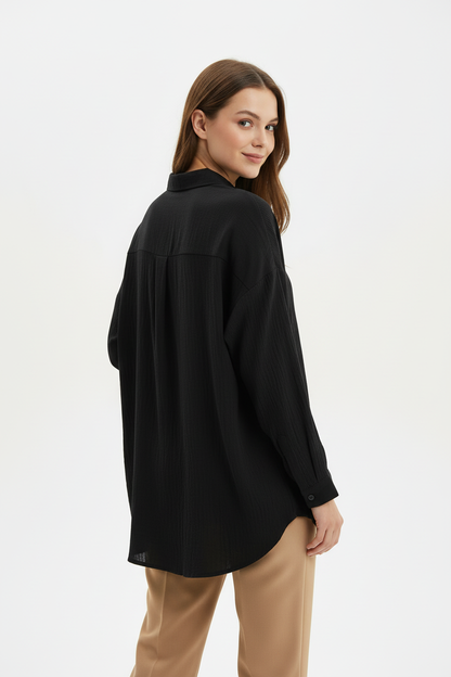 Kadın Düğmeli Oversize Gömlek Siyah - arka görünüm