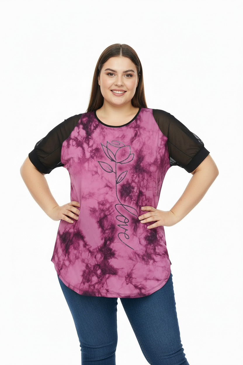 Büyük Beden Desenli Tül Kol Tunik Pembe - bel pozu