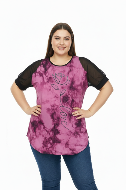 Büyük Beden Desenli Tül Kol Tunik Pembe - bel pozu