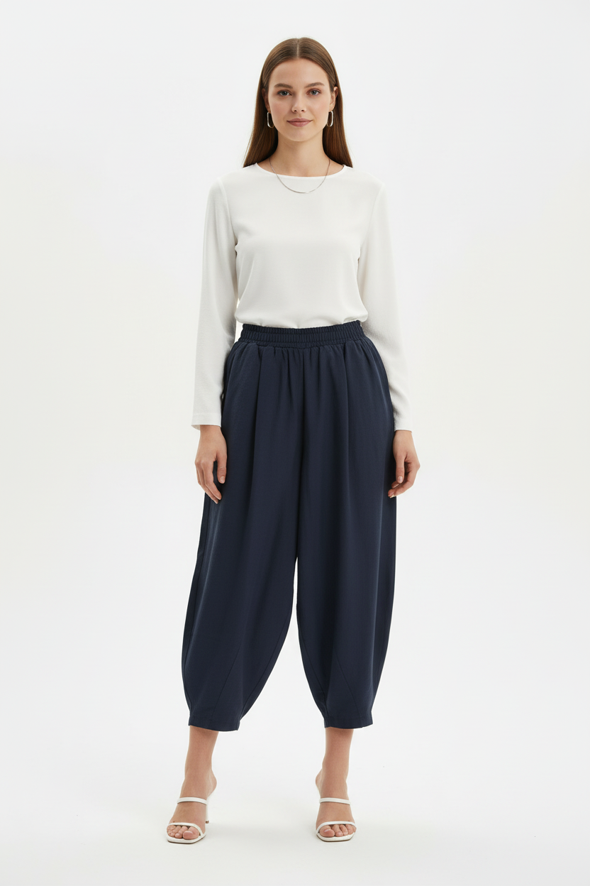 Kadın Bel Lastik Paça Pileli Pantolon Füme - ön görünüm