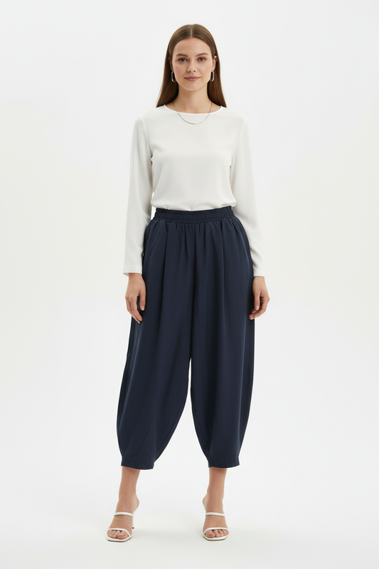 Kadın Bel Lastik Paça Pileli Pantolon Füme - ön görünüm