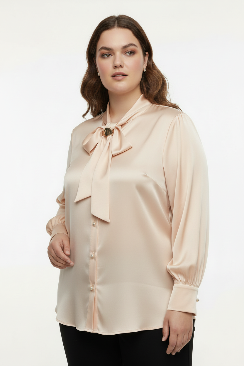 Fularlı Bej Gömlek - Ön Görünüm