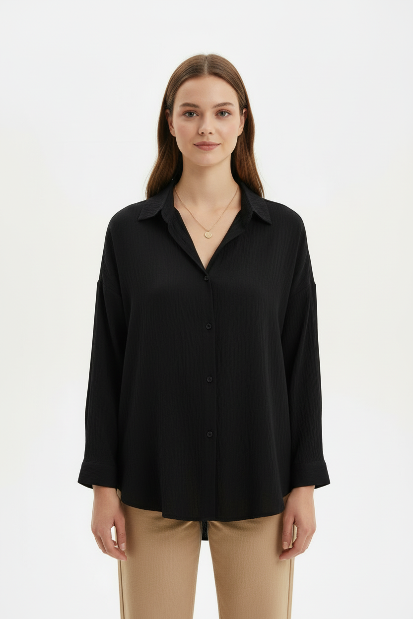Kadın Düğmeli Oversize Gömlek Siyah - ön görünüm