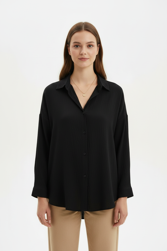 Kadın Düğmeli Oversize Gömlek Siyah - ön görünüm