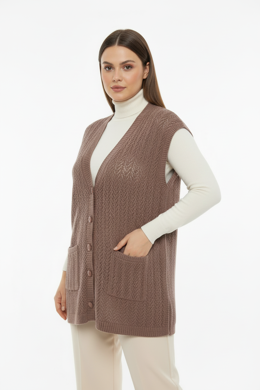 Büyük beden gül kurusu örgü yelek - 3/4 açı yan görünüm