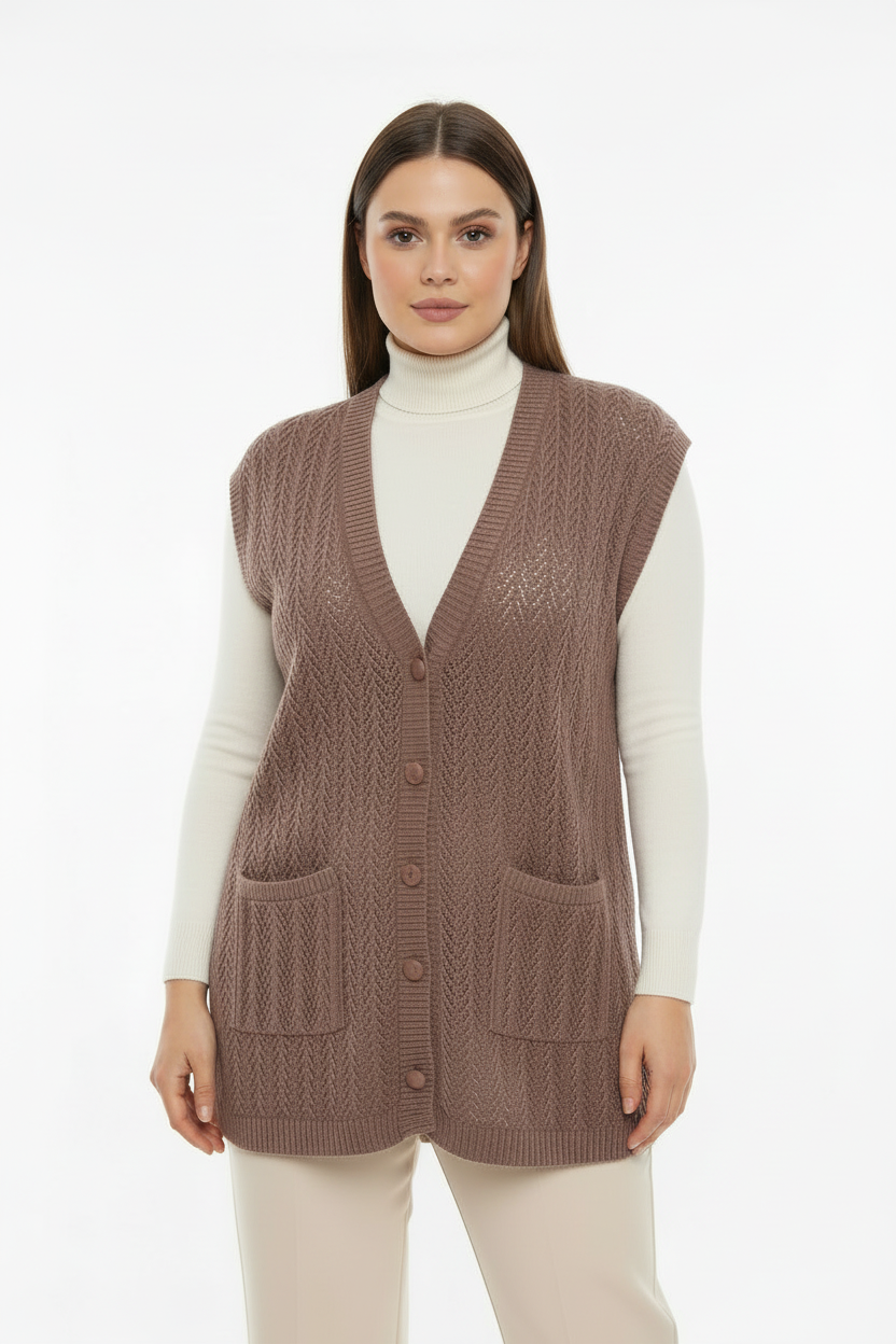 Büyük beden gül kurusu örgü yelek - düz duruş ön görünüm