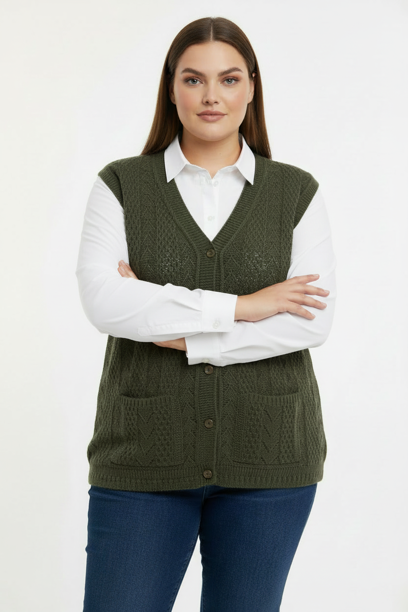 Büyük Beden Örgü Yelek Haki - Ön Görünüm Kollar Çapraz