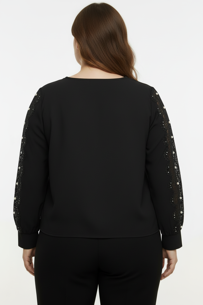 Glam Büyük Beden Payetli Dantel Kollu Siyah Bluz