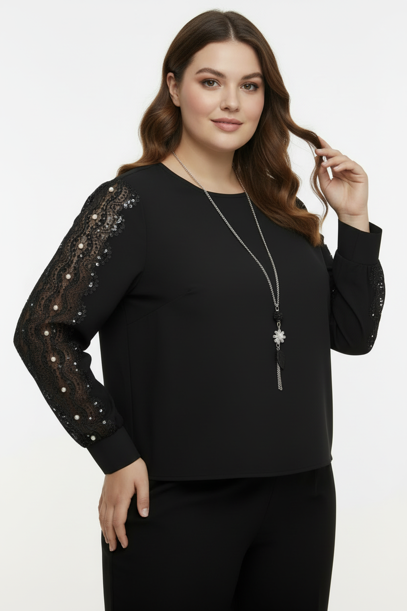 Glam Büyük Beden Payetli Dantel Kollu Siyah Bluz