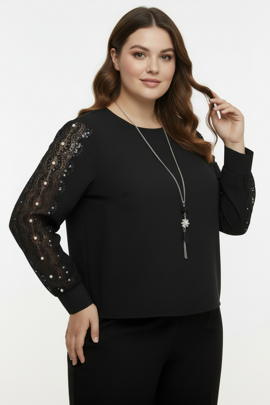 Glam Büyük Beden Payetli Dantel Kollu Siyah Bluz