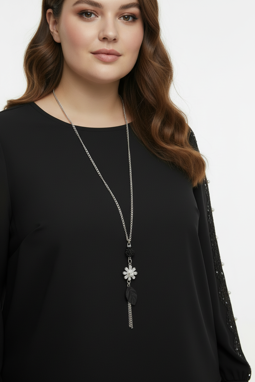 Glam Büyük Beden Payetli Dantel Kollu Siyah Bluz